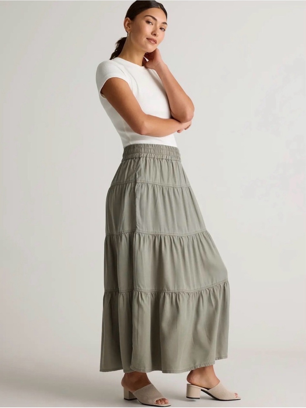 Quince Vintage Wash Tencel Tiered Maxi Skirt Green NWT Women’s Small Boho